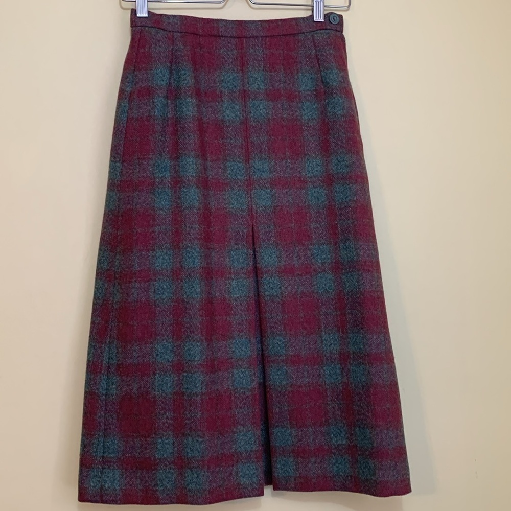 Morplan | 100% Wool Green Red Tartan Plaid Side Zip Vintage Skirt 12.5” W 30” L - Picture 1 of 16